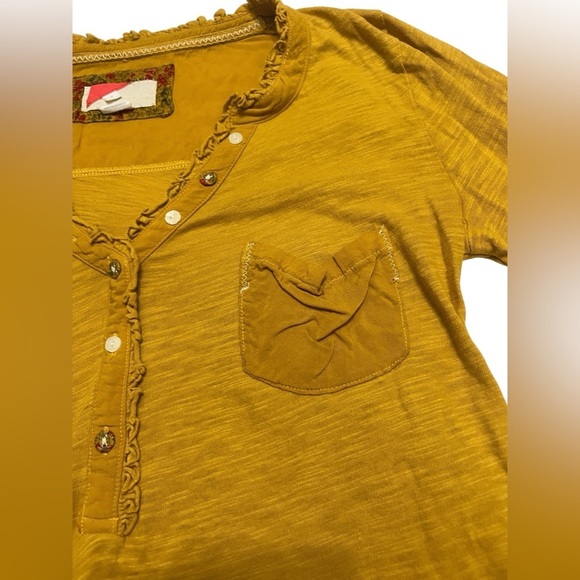Anthropologie Mustard Yellow Mini Ruffle Neck Long Sleeve Top Sz S - Picture 3 of 8
